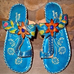 Real Genuine Leather - Spring Step Bajan turquoise floral sandals EU 36